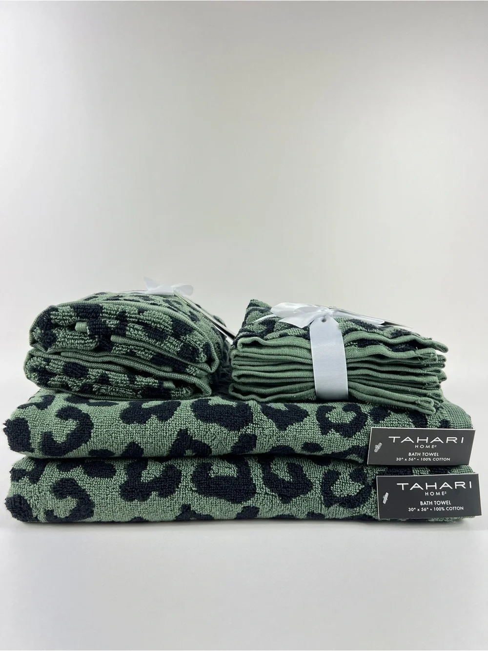 Tahari Home Bath Towel Set Green Black Leopard Print Soft 100% Cotton 8 Pc NEW